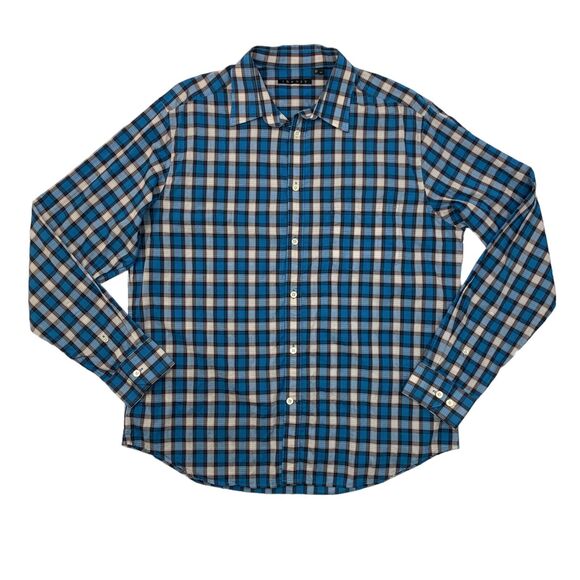 Theory Kyson Shirt Mens XL Extra Large Lagoon Blue Plaid Long Sleeve Button Up - Picture 1 of 11